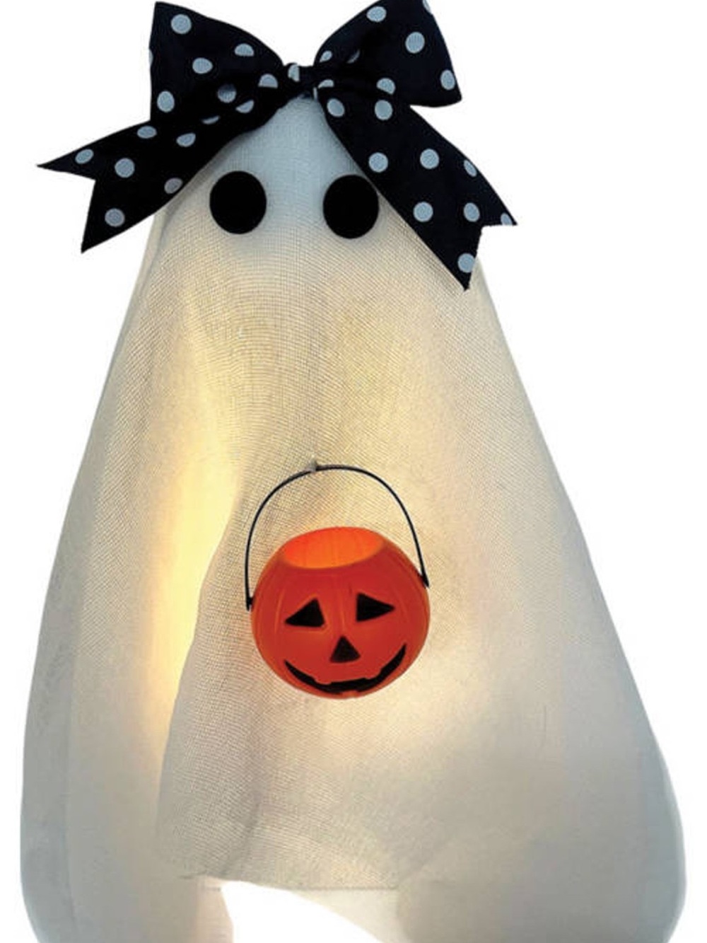 Kids White Ghost Costume with Black Bow and Orange Pumpkin Pail